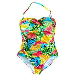 Anne Cole Ruched Swimsuit - 10 yellow, pink ,green , polyester spandex